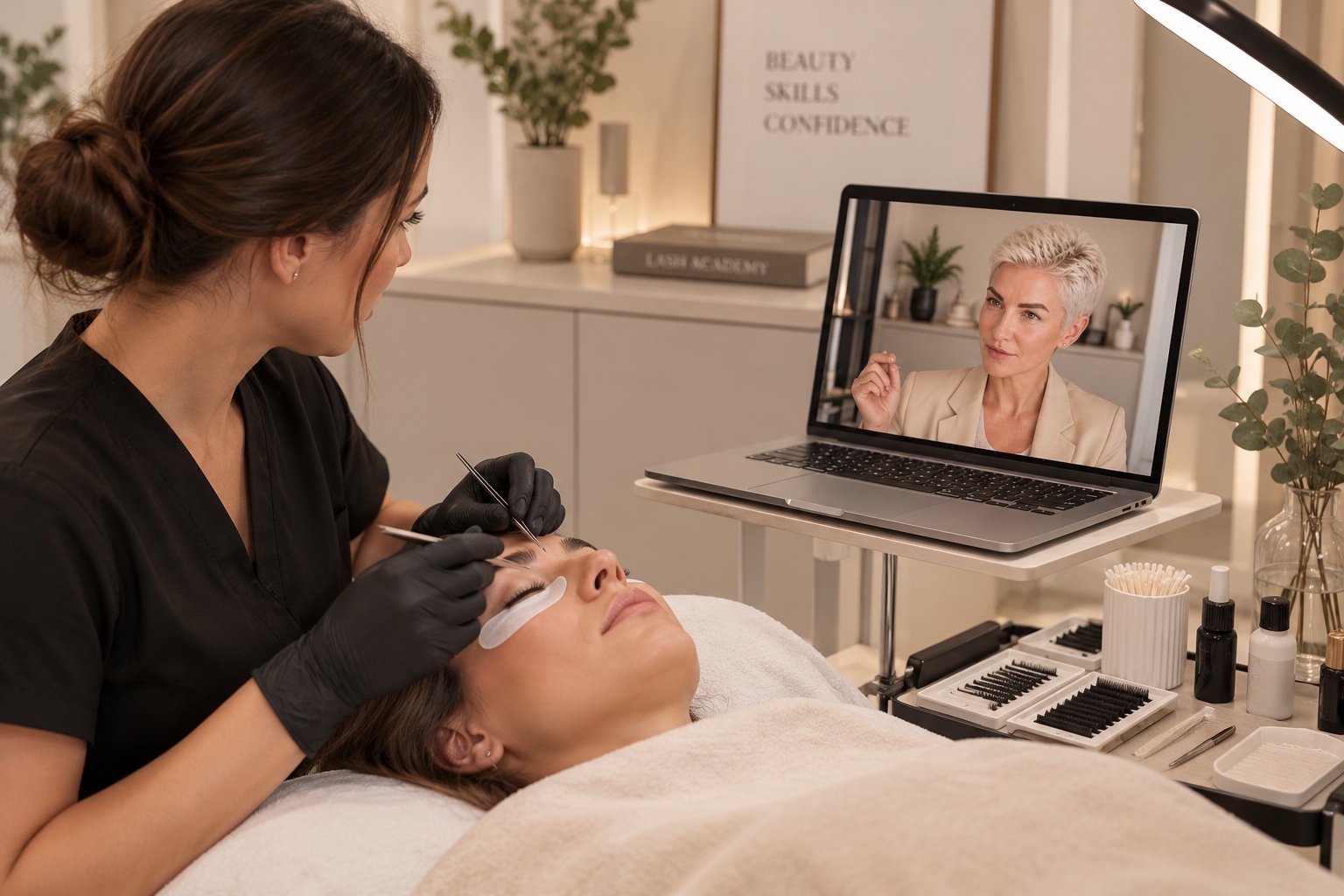 Olga osserva e corregge in diretta il lavoro della lashmaker tramite videochiamata